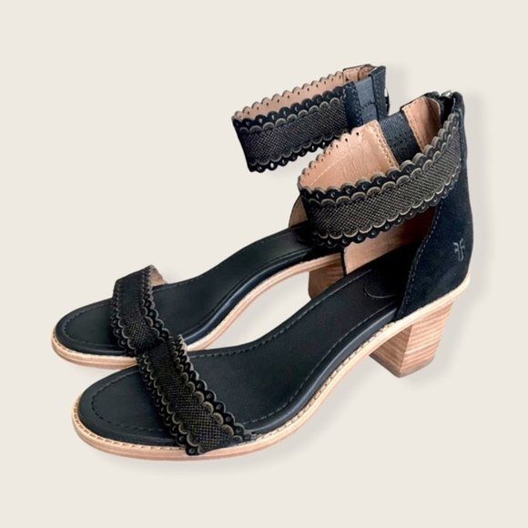 $349 Frye Black Brielle Black Scallop Suede Leather Zip Up Heeled Formal Sandals - Picture 13 of 16